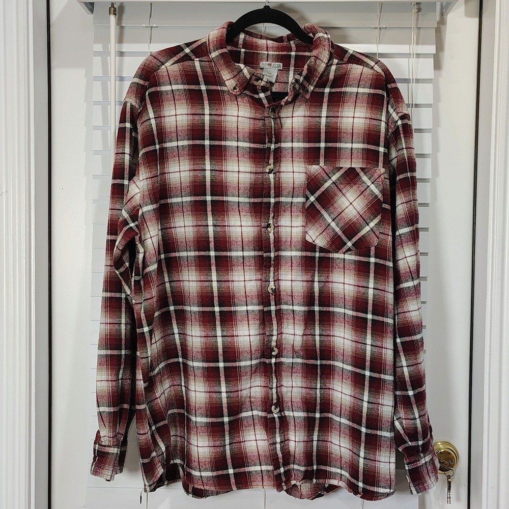 Grunge Flannel Shirt Men 2X Plaid Burgundy Button Up Long Sleeve Earthy Cabin